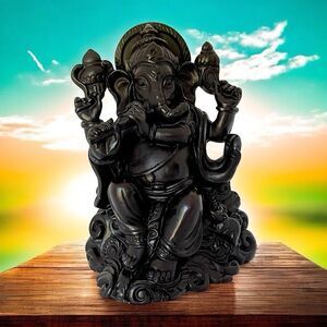 Vintage 4” Black Resin Ganesha Statue, Hindu Elephant God Figurine